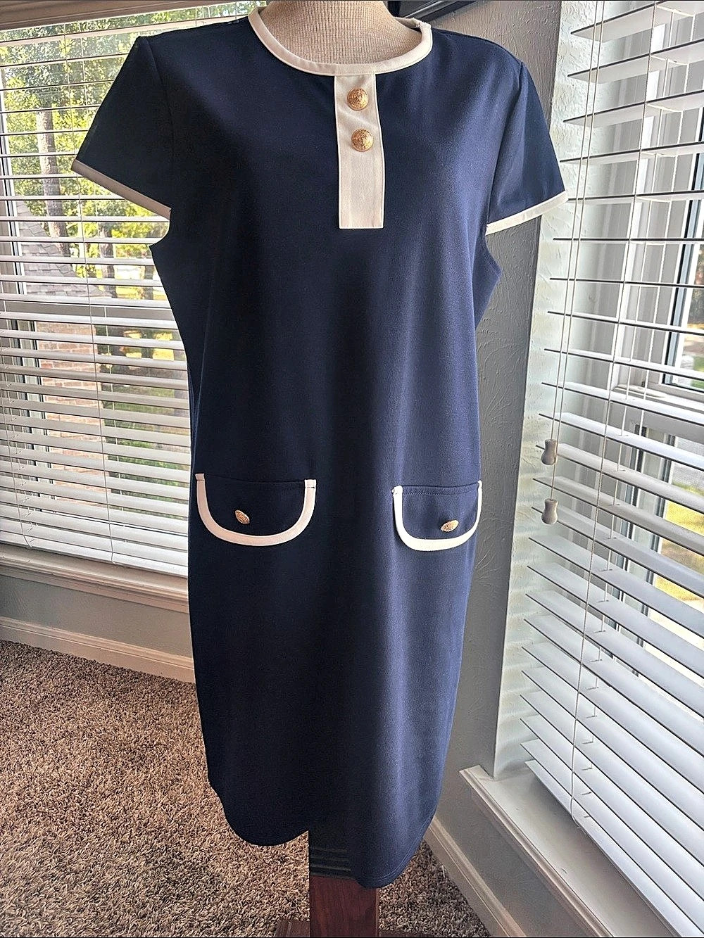 Isaac Mizrahi Navy and White Trim Midi Dress Size Large NWT
